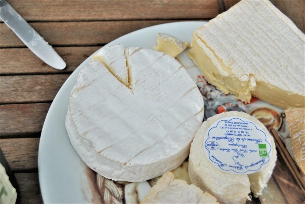 A plate of cheese and crackers on the table.