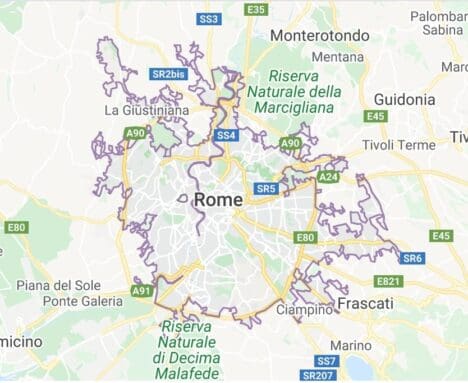 A map of the city of rome with all its roads and buildings.