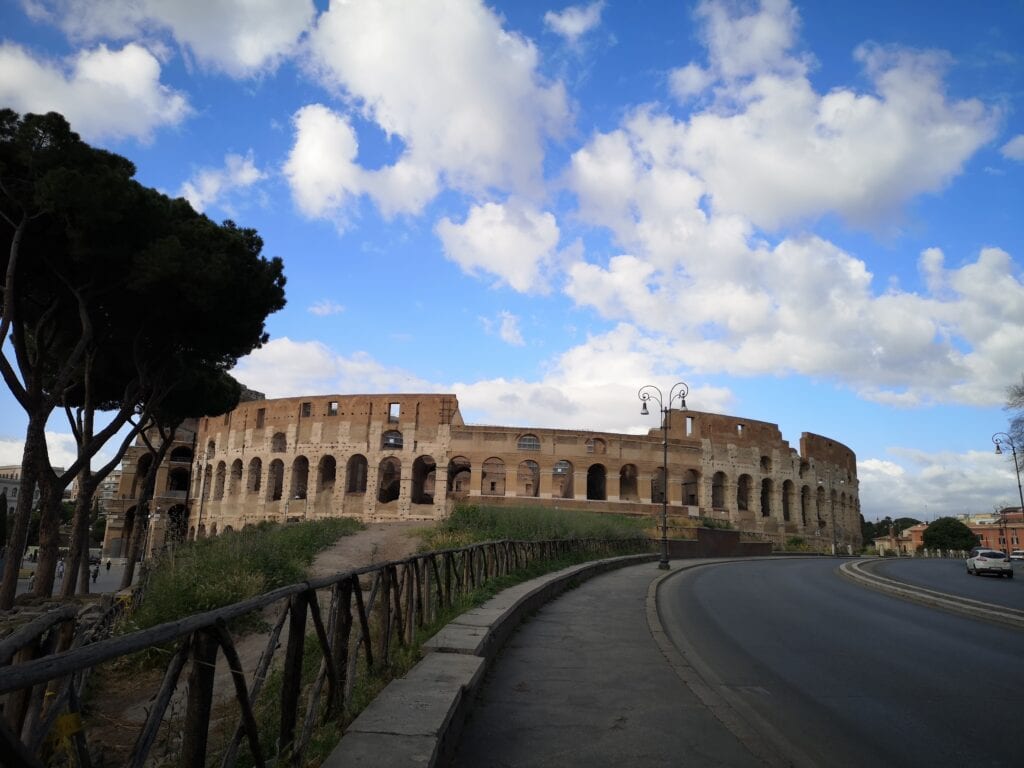 A view of the colosseum from across the street.