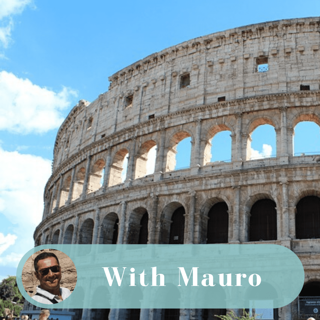 A picture of the colosseum in rome with a man standing next to it.