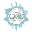 A blue and white logo for world cmc travel.